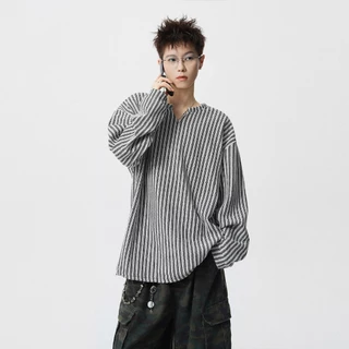 💥BecoolMan💥วินเทจสไตล์อเมริกัน คอวีแขนยาว เนื้อรูปร่างก้างปลา เสื้อยืดทรงหลวม แมทช์ง่าย คู่รัก การพักผ่อน เทรนด์