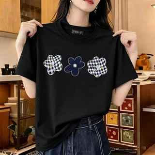 ผู้หญิง เสื้อยืด oversize เสื้อหวานๆ โคตรนุ่ม ไม่ยับง่าย ‘Three flowers’ สินค้าใหม่ ﻿6.26