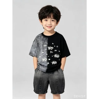 BB346 ชุดเด็กผู้ชายสไตล์วินเทจ เสื้อยืดครึ่งดำครึ่งเทาลายตัวอักษร คู่กางเกงยีนส์ฟอกสี