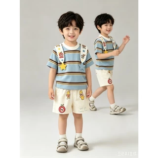 BB347 ชุดเด็กผู้ชายสไตล์คิวท์ เสื้อยืดลายทางฟ้า ตกแต่งสายสะพายการ์ตูน คู่กางเกงลายการ์ตูน