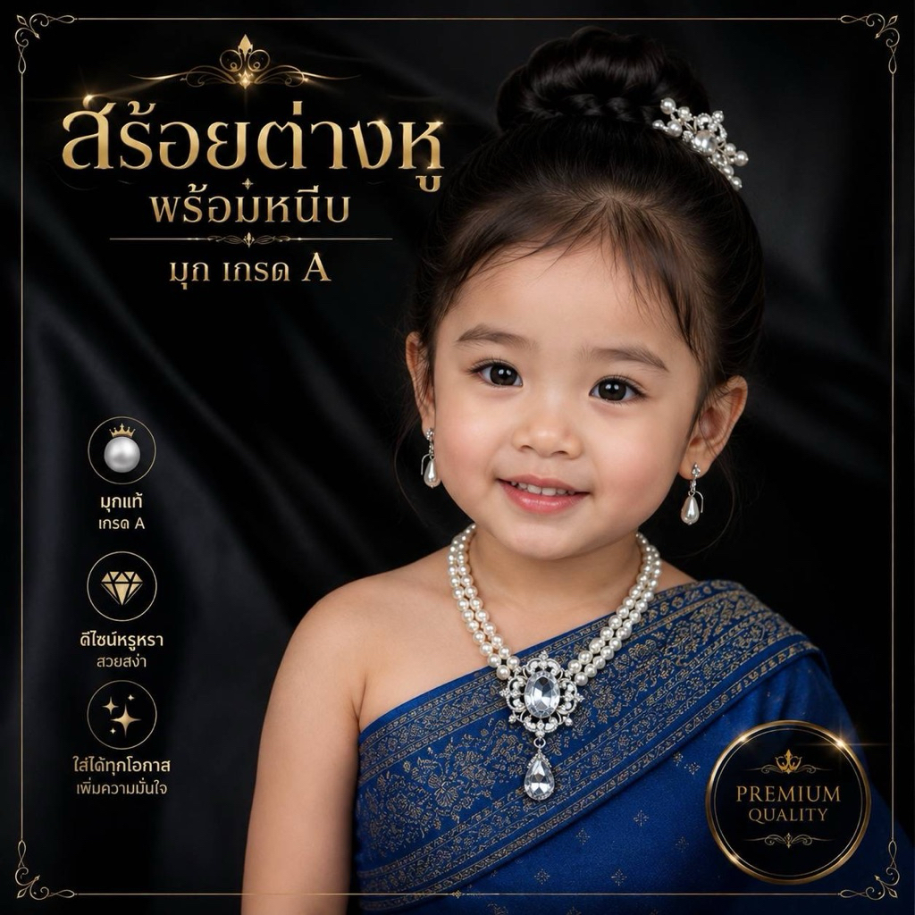 เครื่องประดับชุดไทยเด็กสร้อยมุก ดีไซน์หรู พร้อมต่างหูหนีบ ดูมีมิติ