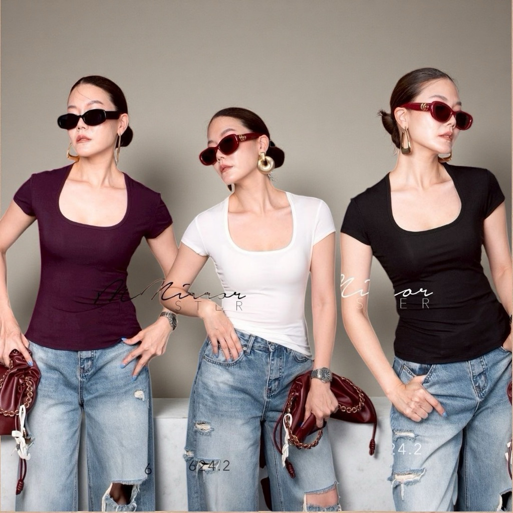 MirrorsisteR 60624.2 เสื้อยืดแขนสั้นทรงคอกว้าง เซ็กซี่แบบมีคลาส