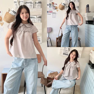 🌻เสื้อคอบัวแขนสั้นแต่งจีบหน้าย่นอก สไตล์เกาหลี น่ารัก ใส่สบาย ผู้หญิง (Cookies bear)