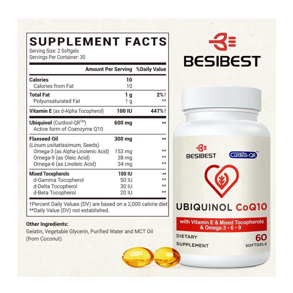 [ BESIBEST ]❇️ UBIQUINOL COQ10  600  MG ( + VITAMIN E , OMEGA 3,6,9 )( 60 ซอฟ์ทเจล  )