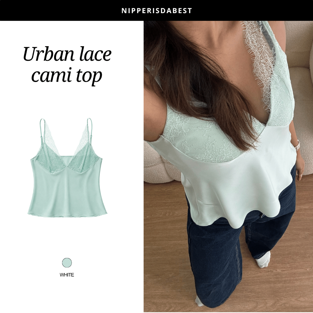 NIPPERISDABEST เสื้อสายเดี่ยวรุ่น Urban Lace Cami top ผ้าซาตินแต่งลูกไม้ สี Turquoise NPT074