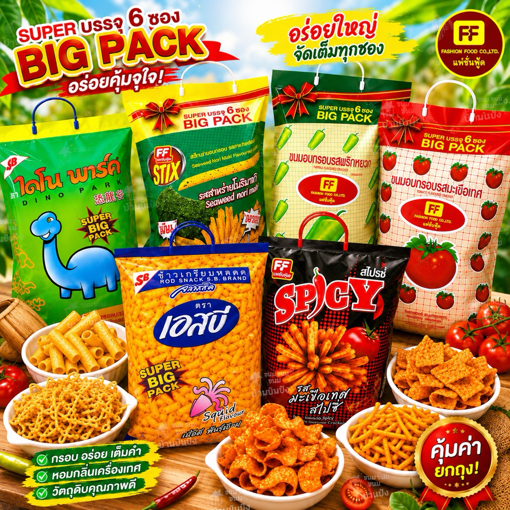 (1หิ้ว)FF ขนมห่อใหญ่ Big Pack (6 ซอง/ห่อใหญ่) ขนมอบกรอบ รสมะเขือเทศ รสพริกหยวก สติ๊กรสโนริมากิ สติ๊กรสมะเขือเทศสไปซี่