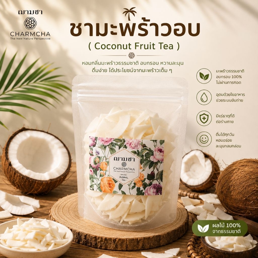 ชามะพร้าวอบ (Coconut Fruit Tea) ชาผลไม้ ใช้ตกแต่งเครื่องดื่มอาหารได้ ฌามชา อบแห้ง  ตกแต่ง Charmcha ใบชา น้ำมันมะพร้าว