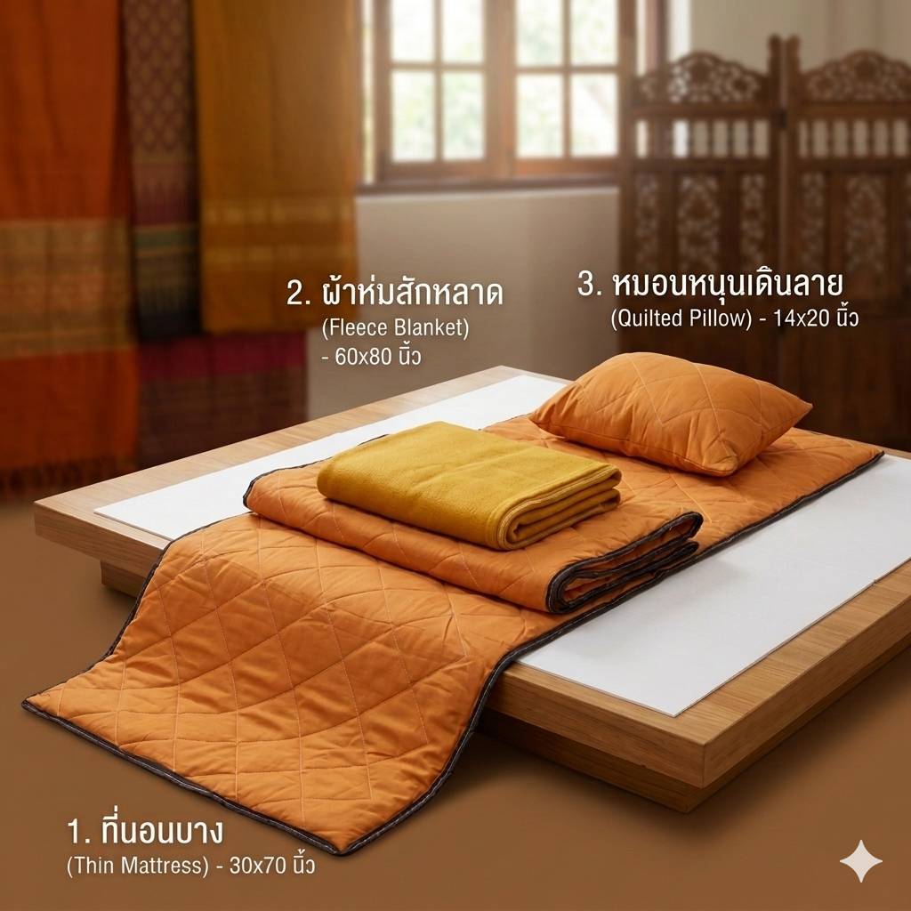 ชุดที่นอนพระสงฆ์ ประกอบด้วยที่นอน หมอนและผ้าห่มครบชุดของให้พระสงฆ์ สินค้าพร้อมส่ง