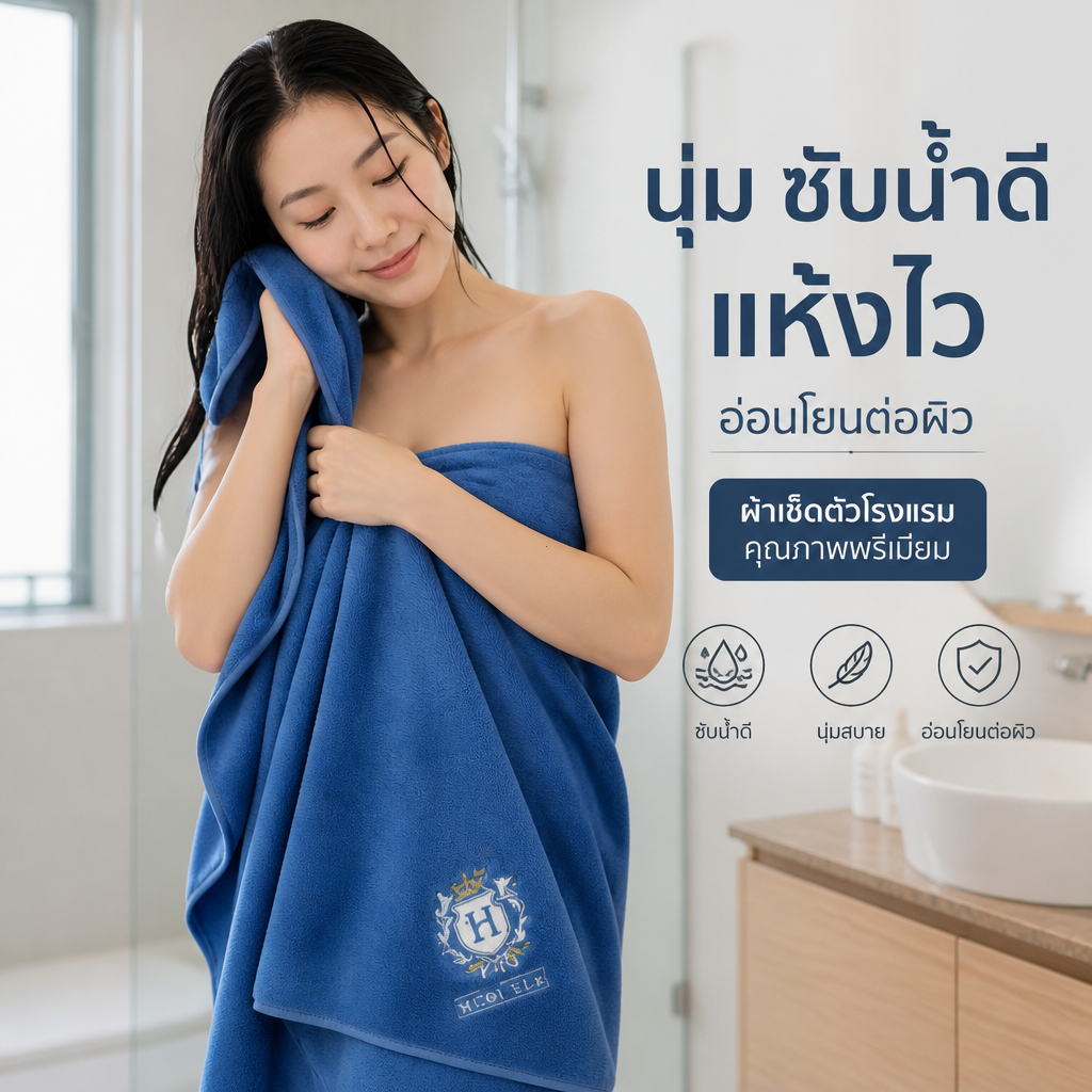 ผ้าเช็ดตัวคุณภาพสูง วัสดุป้องกันแบคทีเรีย นุ่มเป็นพิเศษ ใหญ่จุใจ ไมโครไฟเบอร์ แห้งเร็ว