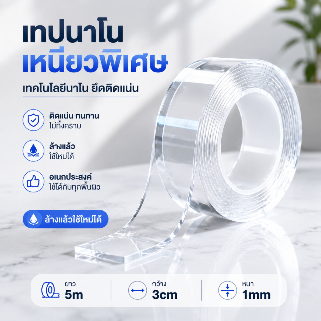 【ถูกที่สุด】เทปกาว 2 หน้านาโน โปร่งใส อเนกประสงค์ เทปรุ่นนาโน กันน้ำ กาวสองหน้าแบบใส
