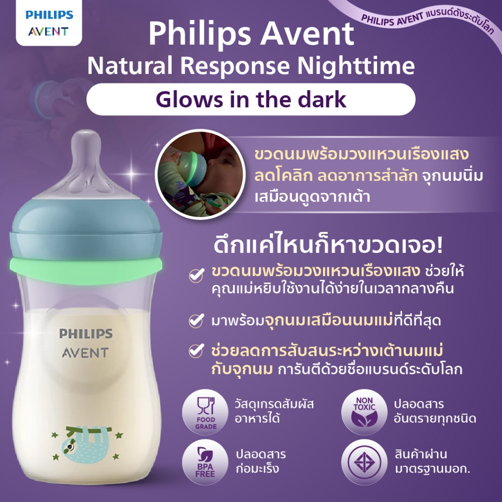 (มีมอก.)Philips Avent Nighttime ขวดนมวงแหวนเรืองแสง ลดโคลิก ลดอาการสำลัก จุกนมนิ่มเสมือนดูดจากเต้า