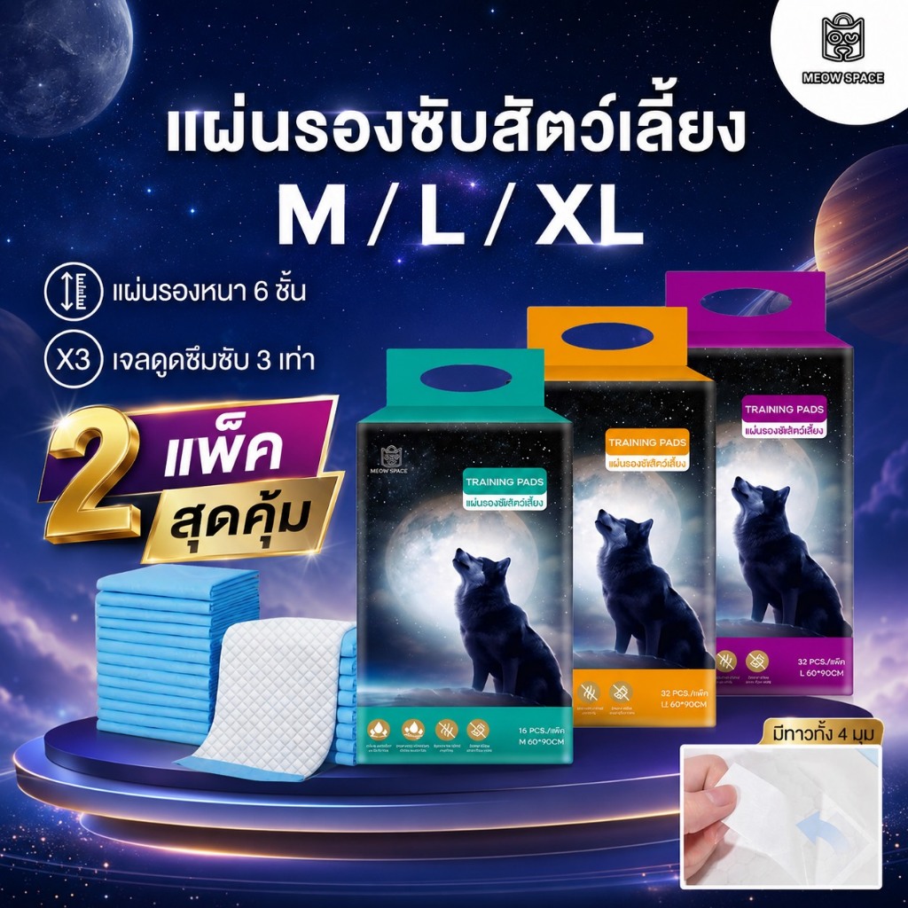 (2แพ็ค) Meowspace แผ่นรองฉี่ แผ่นรองซับสัตว์เลี้ยง Training pads  มีกาว 4 มุม ซึมเร็ว ดูดซึมได้ดี