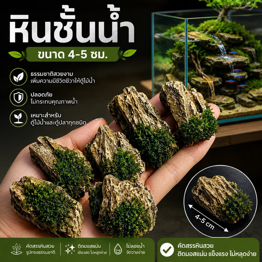 หินชั้นน้ำ (ติดมอสจริง) 🌲ขนาด4-5cm หินสวย