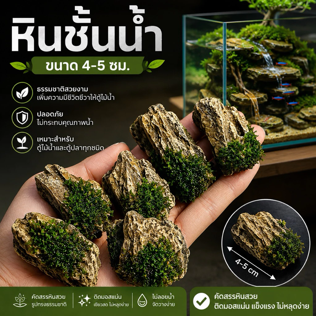หินชั้นน้ำ (ติดมอสจริง) 🌲ขนาด4-5cm หินสวย