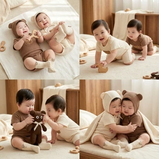 romper เด็กทารก เด็กผู้ชาย เด็กผู้หญิง แขนสั้น บอดี้สูท + หมวก 0-12 เดือน บาง ระบายอากาศ หมีน้อย วาฟเฟิล รอมเปอร์ + หมวก