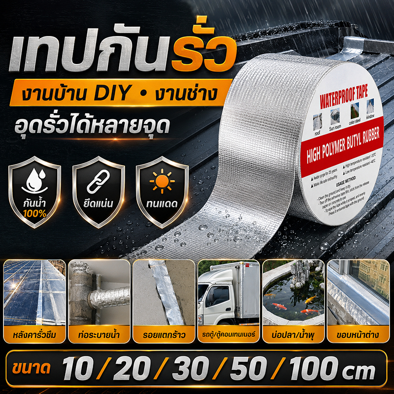 เทปกาวกันน้ำ ติดไว้กันการรั่วซึม มีขนาดหลากหลาย เหมาะกับการใช้งานหลายประเภท เทปกาวกันรั่ว เทปอลูมิเนียม