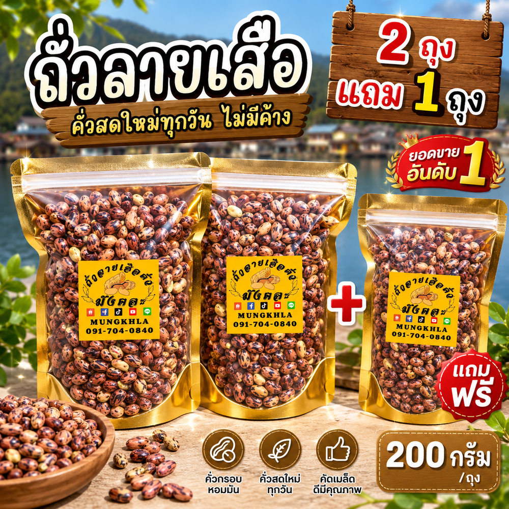 สินค้าขายดี! ถั่วลายเสือคั่ว 200 กรัม ซื้อ 2 ถุง แถมฟรี 1 ถุง (คละได้) ของฝากแม่ฮ่องสอน