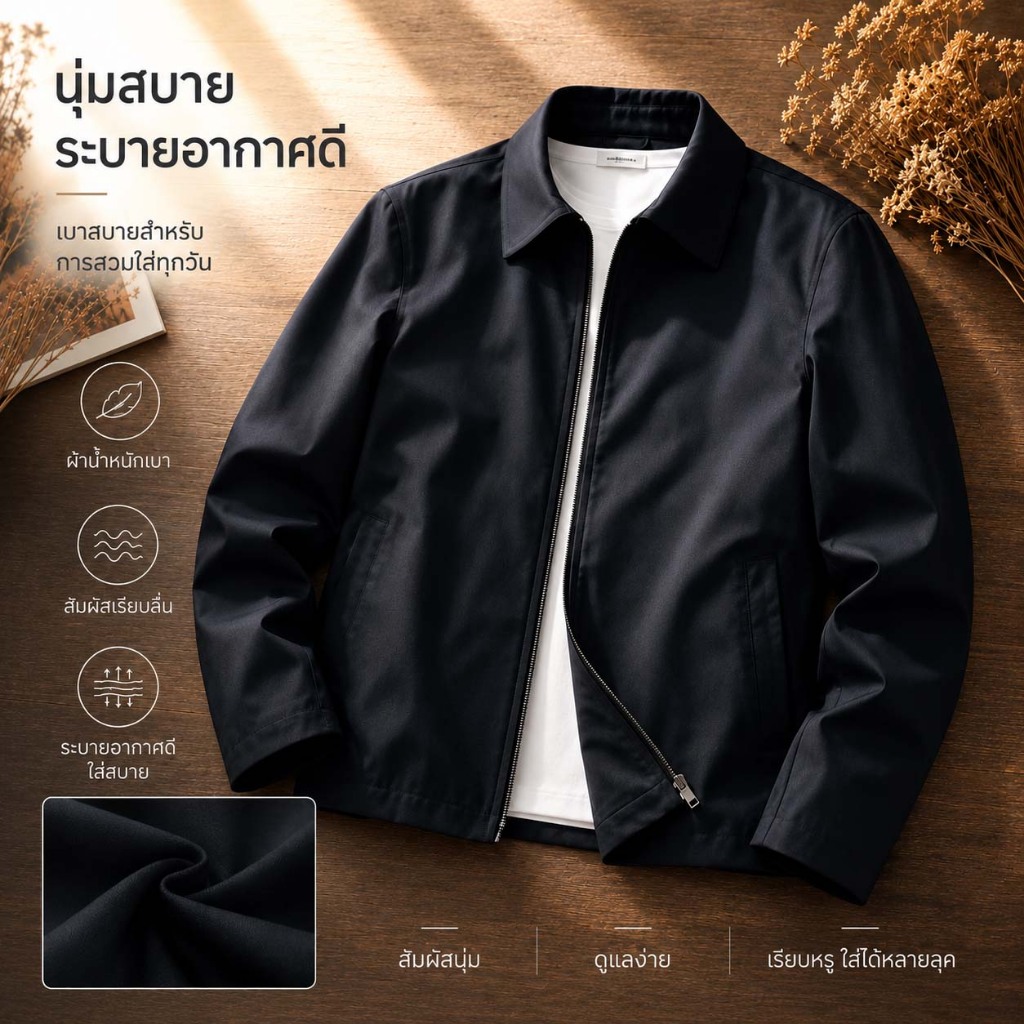 เสื้อแจ็กเก็ตผู้ชาย สีดำ ผ้านุ่ม เบา ระบายอากาศดี ทรงเรียบหรู ซิปหน้า ใส่ทำงาน ใส่เที่ยว เสื้อคลุมลำลอง แมทช์ง่าย