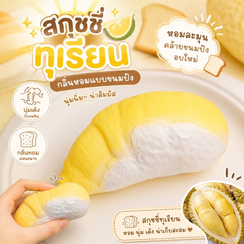 สกุชชี่ทุเรียน สกุชชี่ผลไม้ ของเล่นบีบอัด แบบสโลว์ นุ่มนิ่ม มีกลิ่นหอมขนมปัง ระบายความเครียด ราคา 1 ชิ้น ส่งจากไทย!!!