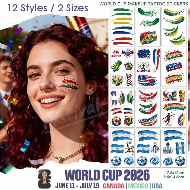 มีส่งทันที สติ๊กเกอร์ แทททู ฟุตบอลโลก 2026 มี 12 แบบ (ให้เลือก) สำหรับเชียร์การแข่งขัน / 2026 World Cup Tattoo Stickers