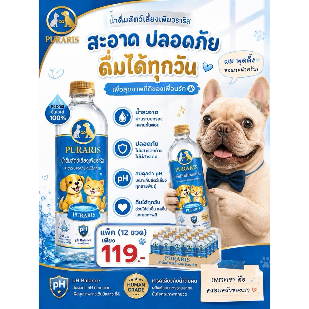 น้ำดื่มสัตว์เลี้ยง PURARIS (เพียวราริส ) ขนาด 500มล. ค่าPh เหมาะสมสำหรับ สุนัขและแมว 6ขวด/ยกแพ็ค 12 ขวด