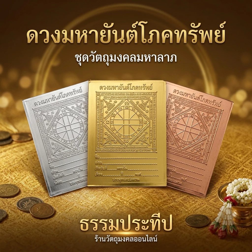 แผ่นดวงยันต์โภคทรัพย์ | สีทอง สีเงิน สีนาค | แผ่นโลหะของมงคล เสริมโชคลาภค้าขาย ใช้หล่อพระพุทธรูปทองเหลือง