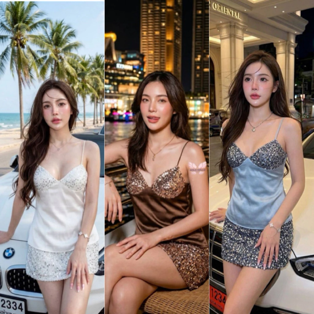 💕ShopBypuy💕ชุดเซ็ตสายเดี่ยวซาตินวิ้งๆเสื้อ+กระโปรง