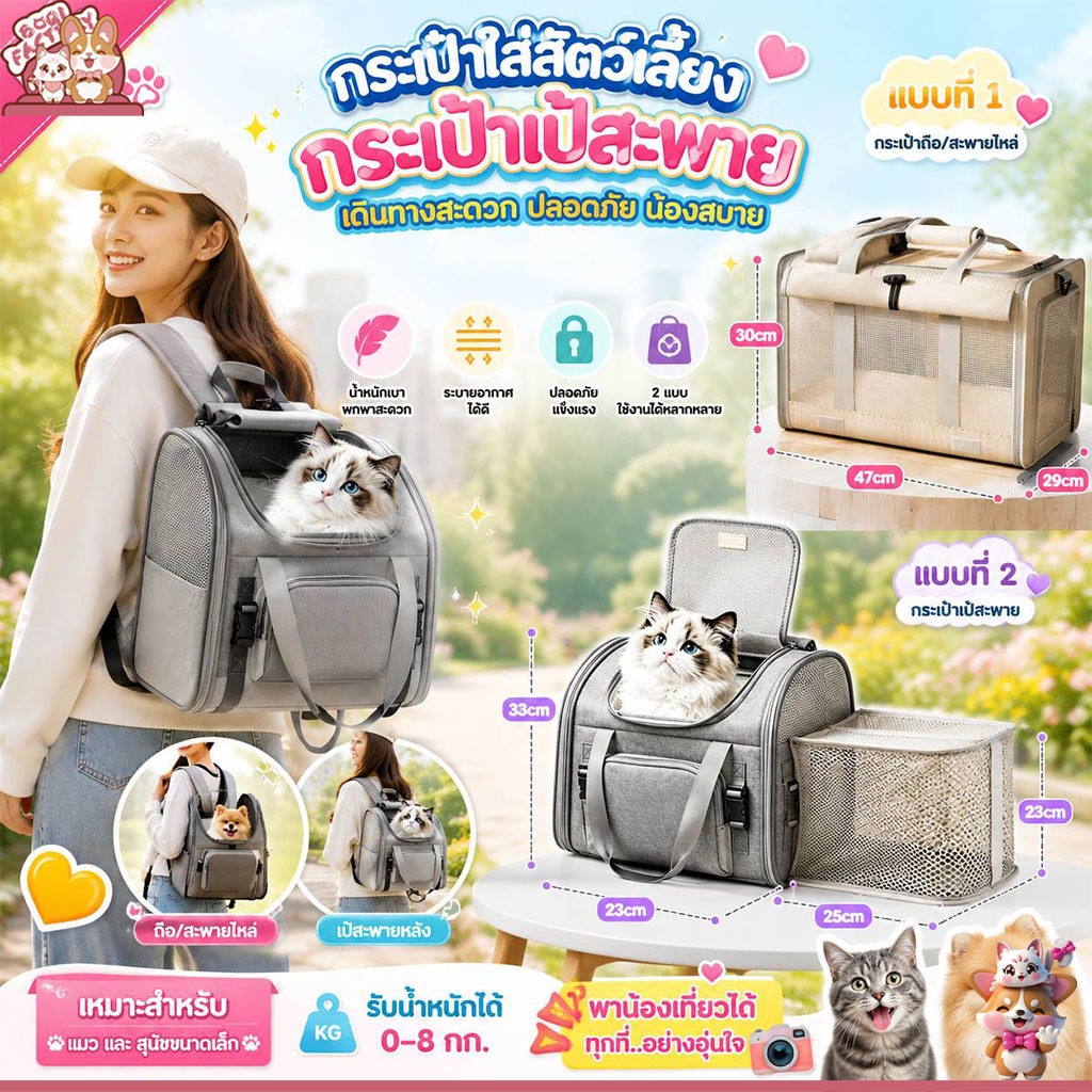 Boqi Factory กระเป๋าแมว สำหรับเดินทางสัตว์เลี้ยง กระเป๋าเป้สะพายหลัง กระเป๋าแมวแบบพกพา Showbag
