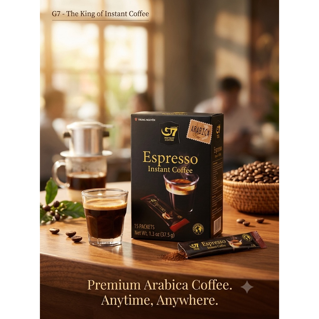 กาแฟสำเร็จรูป G7 Espresso เวียดนาม 37.5 กรัม G7 Espresso กาแฟดำเอสเพรสโซ่ กาแฟอาราบิก้า แบบสำเร็จรูป 1 กล่องมี 15 ซอง
