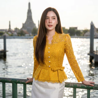 เสื้อลูกไม้อิตาลี คอวีแขนยาว ซิปหลัง แต่งโบว์ข้าง เสื้อสุภาพพลัสไซส์ อัดกาวเต็มตัว อก34-52นิ้ว [รหัส นด]