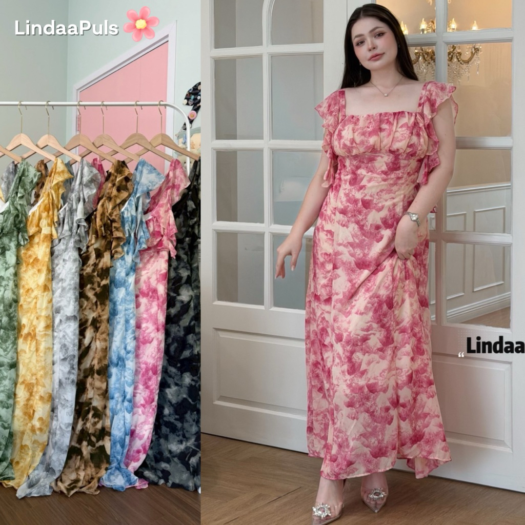 LindaaPlus--𝑴𝒂𝒓𝒃𝒍𝒆 𝒑𝒓𝒊𝒏𝒕 𝒅𝒓𝒆𝒔𝒔 ⋆˚✿˖° ชุดเดรสยาวใส่ออกงานสาวอวบอ้วน ผ้าชีฟองพิมพ์ลาย ใส่ซับใน ยืดหยุ่นเข้ารูป พลางหุ่น