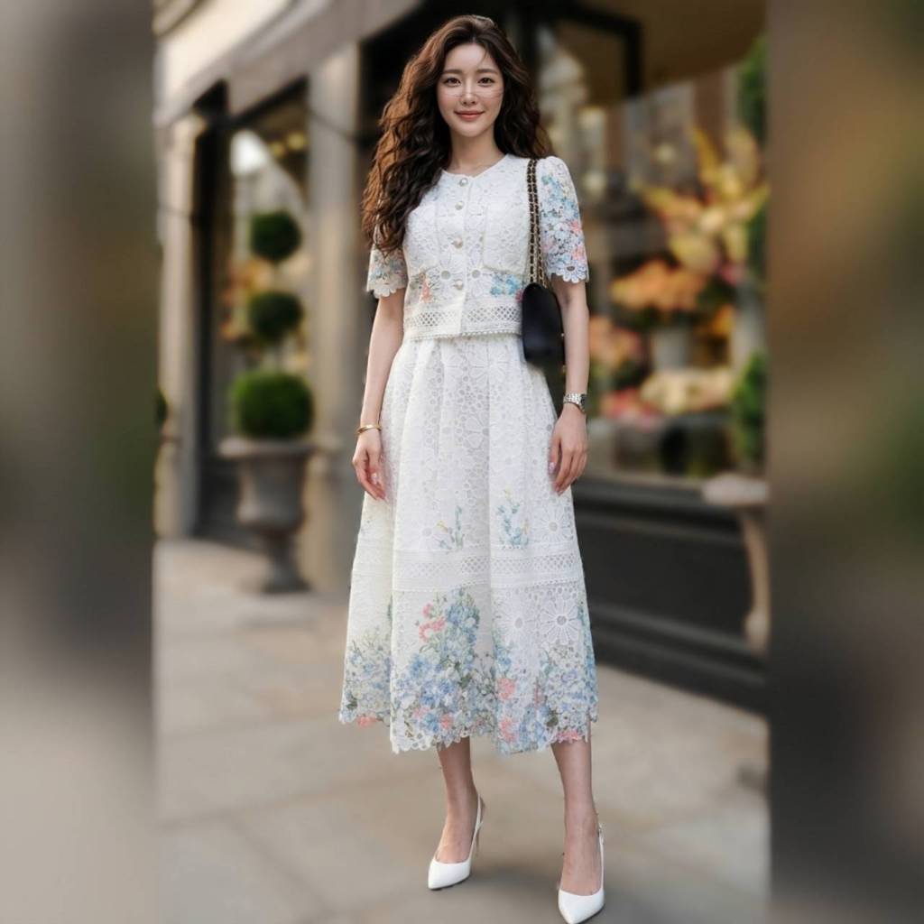 เซ็ตเสื้อกระโปรงผ้าลูกไม้ฉลุลายดอกไม้พาสเทล สวยหรูดูแพง ชุดไปคาเฟ่ ชุดไปงานแต่ง OR8898