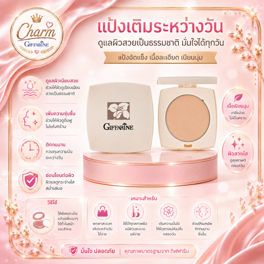 แป้ง คุมมัน แป้งกิฟฟารีน แป้งตลับ แป้งเติมระหว่างวัน Giffarine Pressed Powder