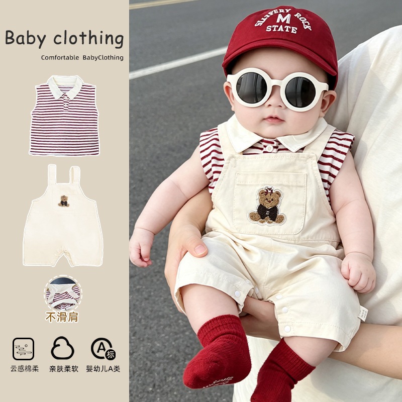 NT-257 🧸 [Set 2 ชิ้น] ชุดเอี๊ยมหมีน้อยพร้อมเสื้อโปโลลายริ้ว สำหรับเบบี๋ สไตล์เกาหลี นุ่มใส่สบาย 🧺