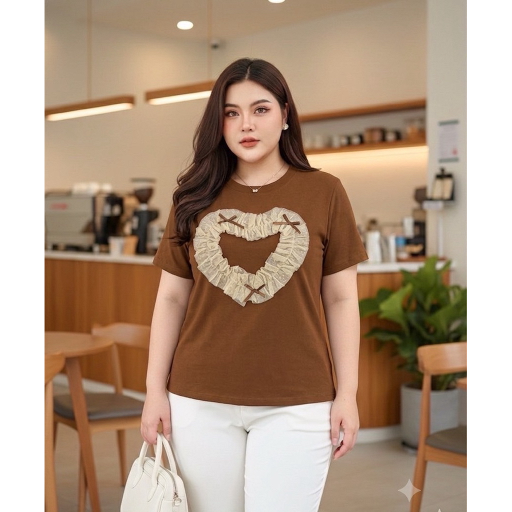 ย 11 เสื้อยืดสาวอวบแต่งหัวใจลูกไม้3D ผ้าคอตตอนยูนิโคล่ อกยืด38-50นิ้ว