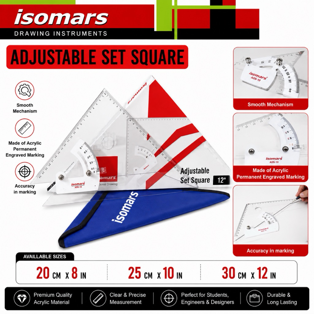 ISOMARS Adjustable Set Square ไม้ฉากปรับมุม ไม้บรรทัด ขนาด 8 10 12 นิ้ว