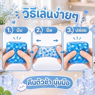 ของเล่นบีบคลายเครียด สกุชชี่น้ำแข็ง นุ่มเด้ง ดีไซน์ใสเหมือนเกล็ดหิมะ สกุชชี่ใสทรงลูกบาศก์สีฟ้า ลายเกล็ดหิมะ บีบแล้วคืนรู
