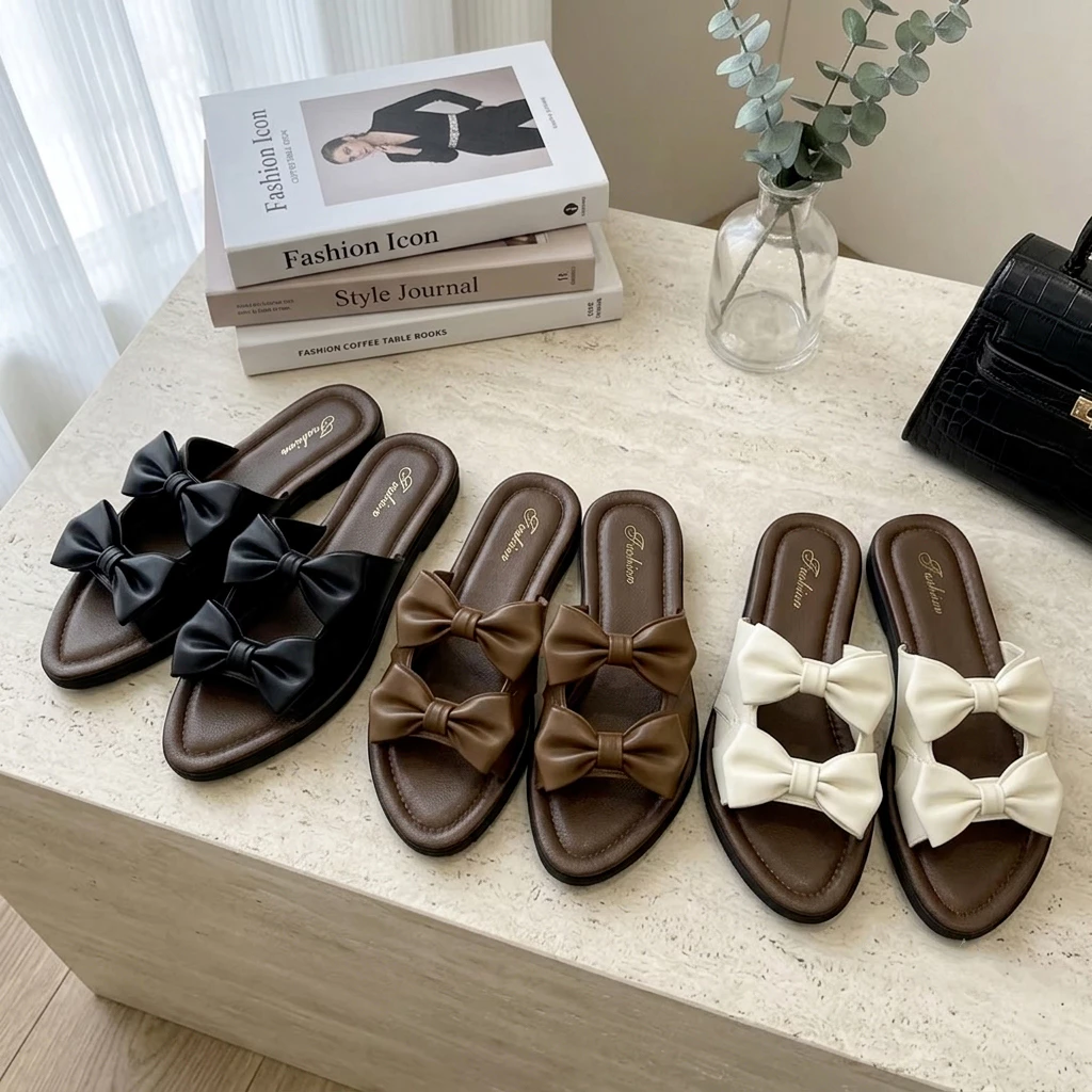 พร้อมส่งจากไทย【118】รองเท้าแตะแบบสวมแต่งโบว์สองชั้น โบว์ใหญ่สวยแฟชั่นมากๆ ไม่มีไม่ได้นะ