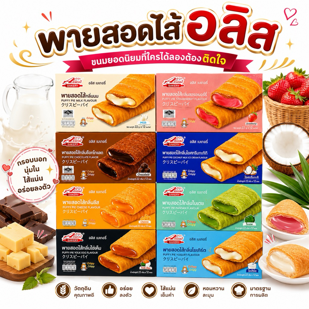 (ส่งทันที ส่งด่วน) พัฟฟี่พาย อลิช  กำลังฮอต พายสอดไส้ กรอบนอก ไส้แน่น 1 กล่องมี 12 แพ็ค ขนาด 35 กรัม/แพ็ค