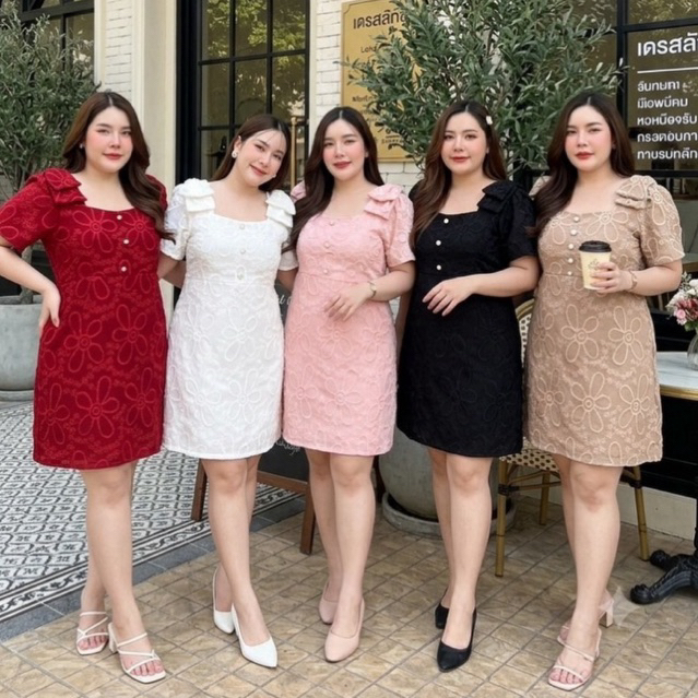BN481.ชุดเดรสสาวอวบคอเหลี่ยมรุ่นโบว์ไหล่ผ้าluxury
