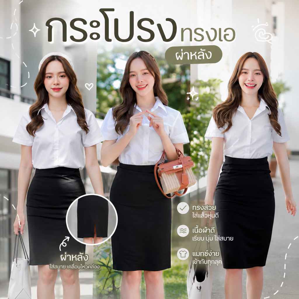 กระโปรงทรงเอนักศึกษา ทรงเอผ่าหลัง ความยาว 20-28“เอว 23-45” ผ้าฮานาโกะ เนื้อผ้านิ่มยืดใส่สบาย