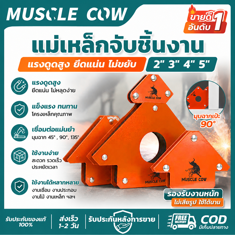 MUSCLE COW แม่เหล็กจับชิ้นงาน 4 ขนาด 2"/3"/4"/5" ให้เลือก ใช้จับชิ้นงานขณะเชื่อมได้ คุณภาพดี