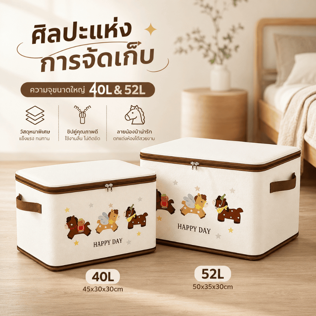 กล่องเก็บเสื้อผ้า กล่องเก็บของ พับได้ ลายน่ารัก เซ็ต 2 ใบ ความจุเยอะ จัดระเบียบตู้เสื้อผ้า