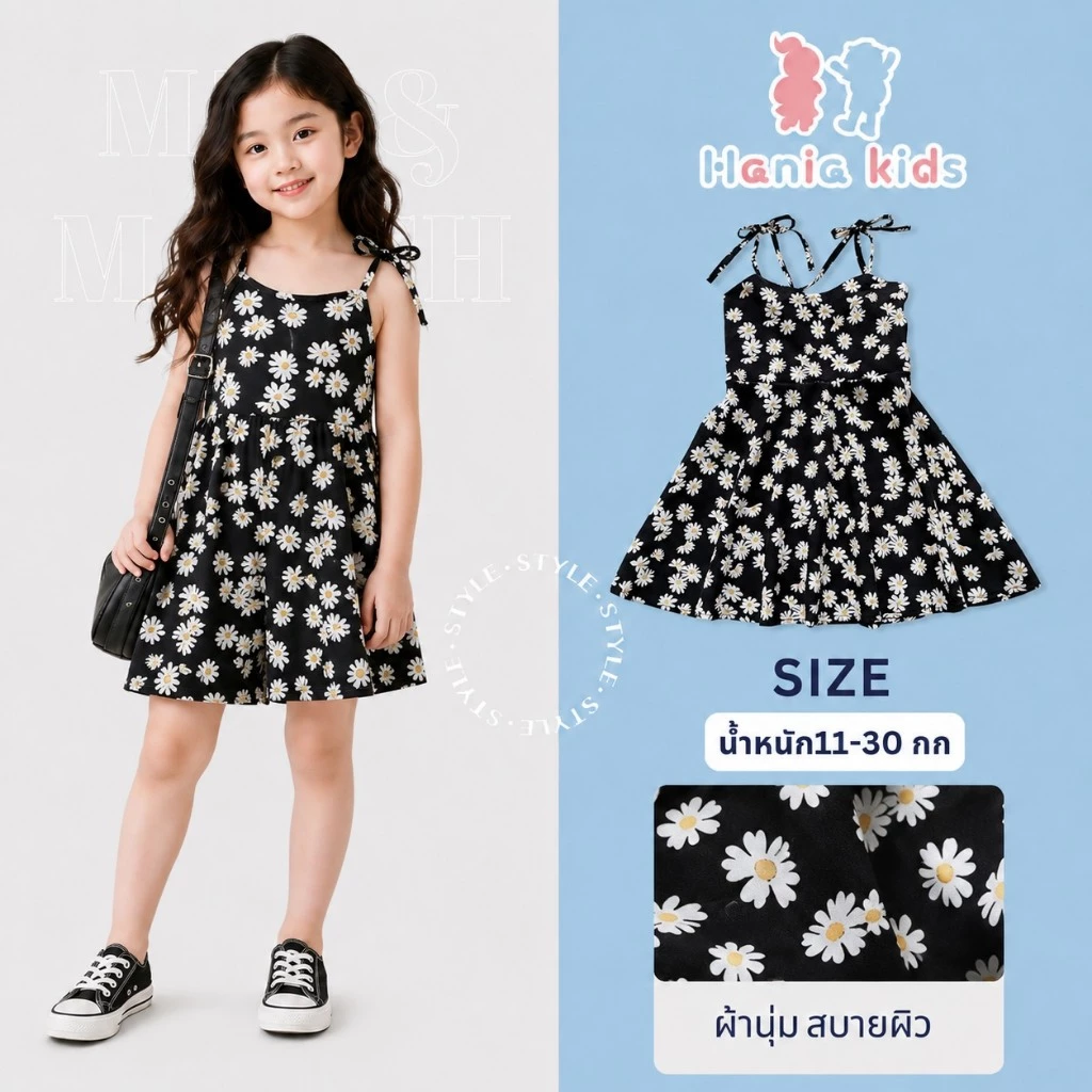 Hania Kids พร้อมส่ง ชุดเดรสสายเดี่ยวผูกเชือกได้ ลายดอกไม้ ชุดเด็กผู้หญิงน่ารัก -K3124476