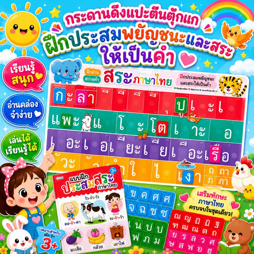 กระดานฝึกประสม พยัญชนะและสระให้เป็นคำ พร้อมหนังสือฝึกประสมสระ