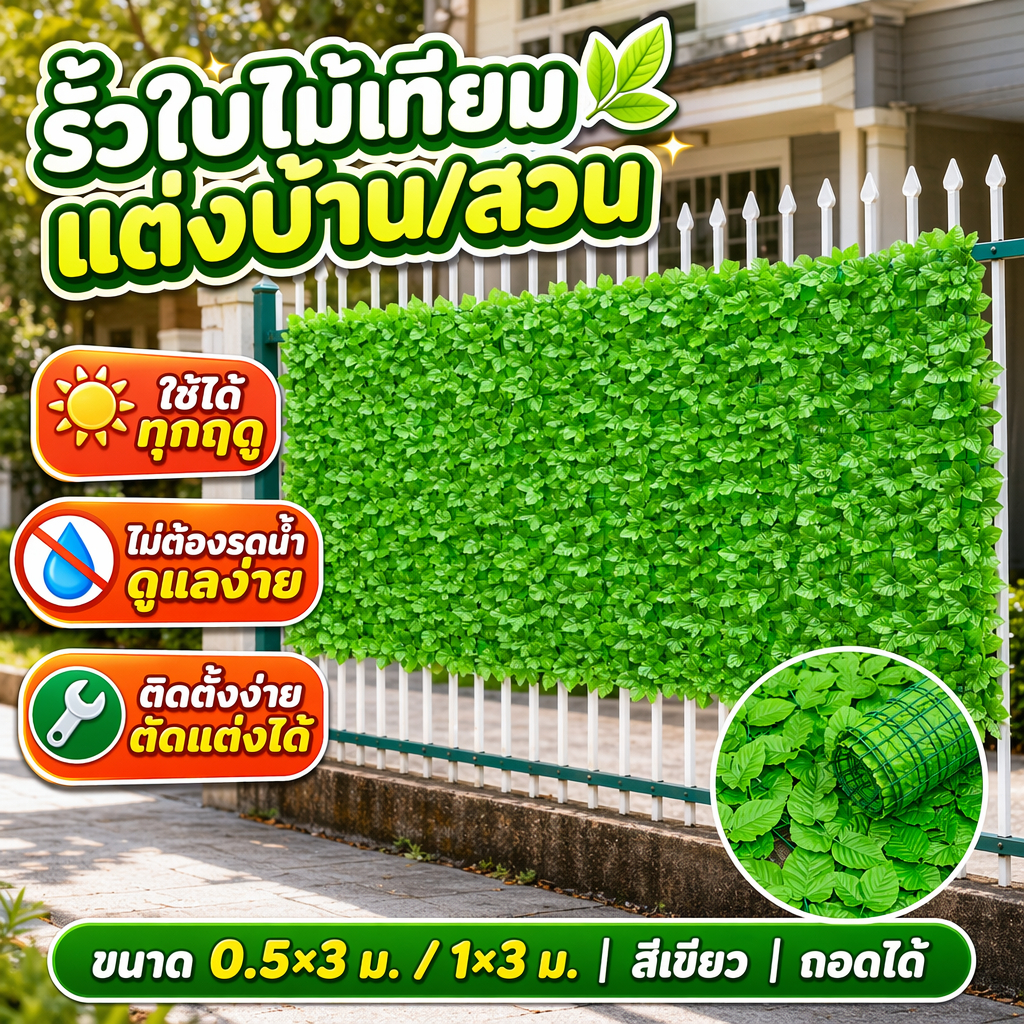 รั้วใบไม้ประดิษฐ์ 0.5x3/1x3 เมตร รั้วตกแต่งบ้าน รั้วต้นไม้ปลอม รั้วตกแต่งสวน รั้วใบไม้ปลอม สำหรับตกแต่งบ้าน ผนัง และระเบ