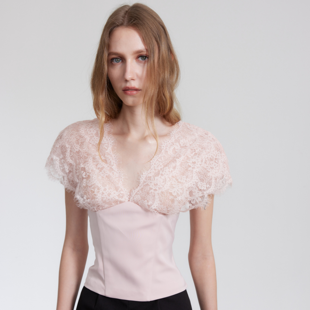 CHER’Z – SS2615 เสื้อคอวีลูกไม้เรียงเส้น