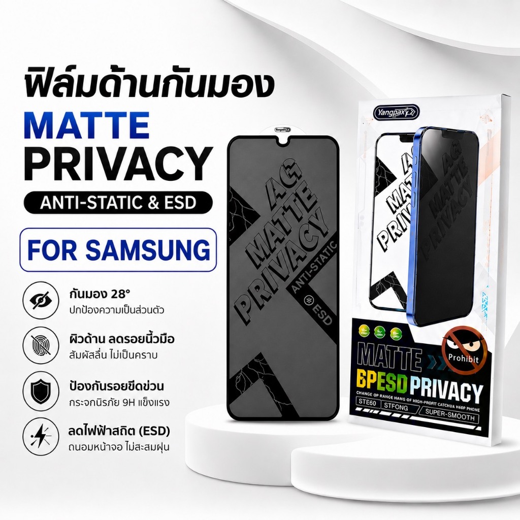 JC168 (030) ฟิล์มกระจกเต็มจอด้าน+กันมองสำหรับ Samsung A70/A42/A23/A22 5G/A51/A16/A24/A25/A15/A34 5G/A35/A5S/S21FE