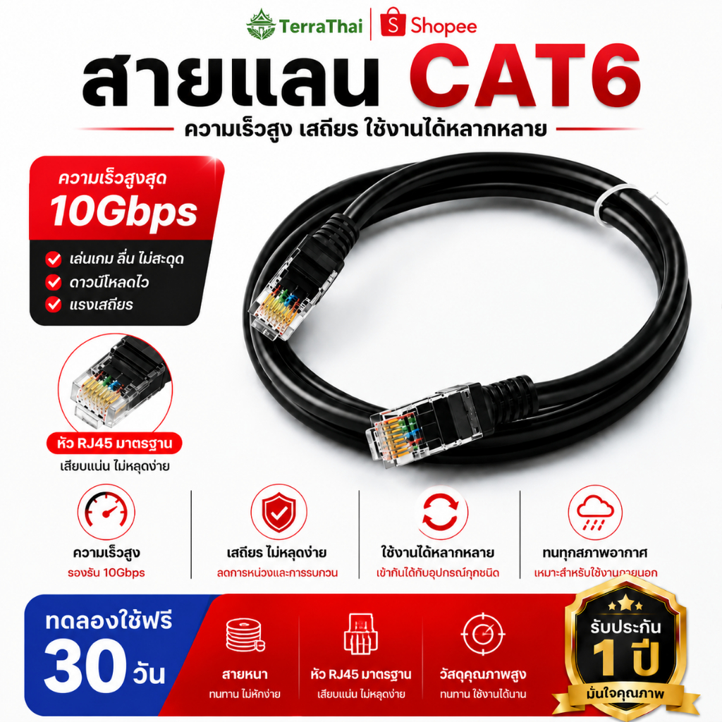 Terrathai สายแลน cat6 1000MbpsสายLAN ,สายLANความเร็วสูง 3M/5M/10M/15M สายแพทช์แลน สำหรับ PC แล็ปท็อป, เราเตอร