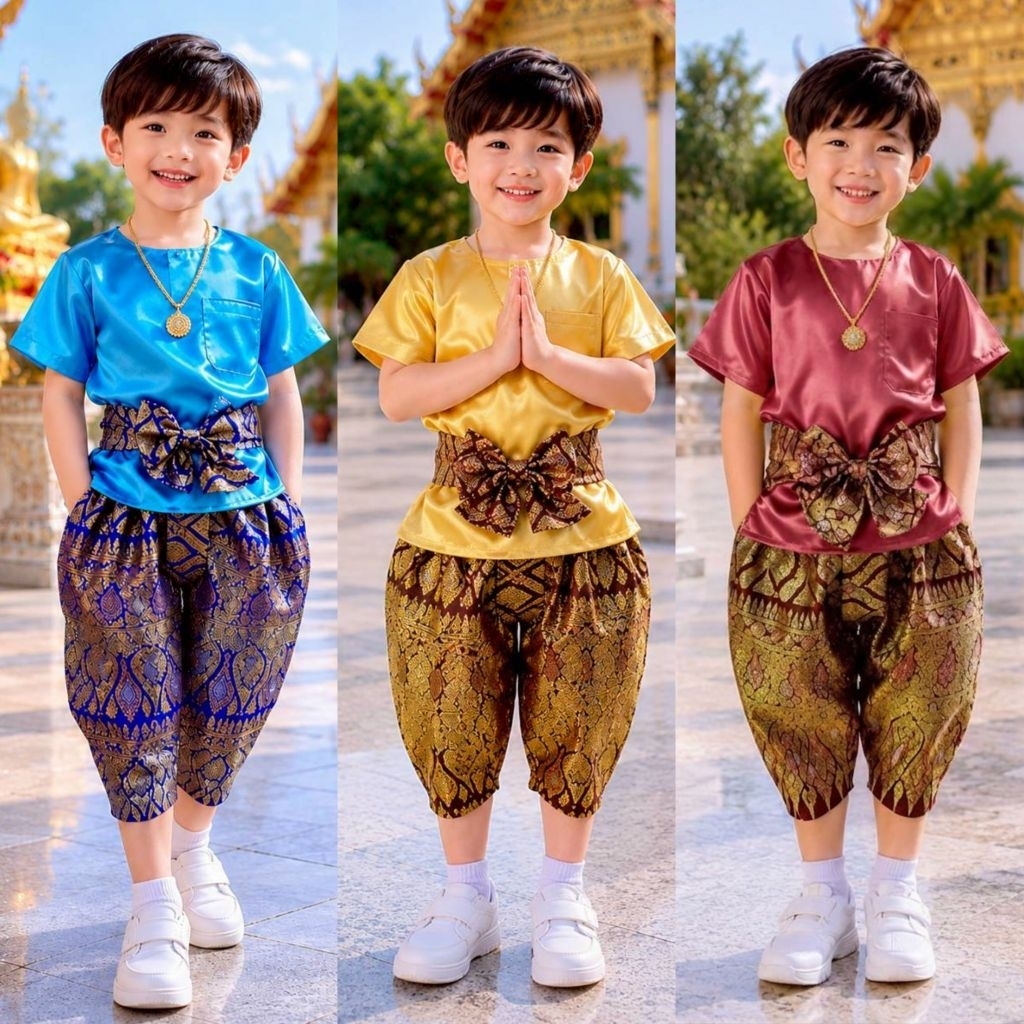 ชุดไทยเด็กผู้ชายงาน 3 ชิ้น เสื้อซาติน+โจงพิมทอง พร้อมผ้าผูกเอวคละลายให้